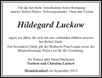 Traueranzeige von Hildegard Luckow von Märkische Oderzeitung