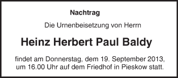 Traueranzeige von Heinz Herbert Paul Baldy von Märkische Oderzeitung