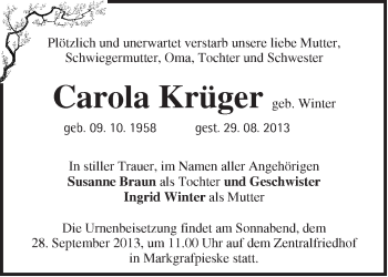 Traueranzeige von Carola Krüger von Märkische Oderzeitung