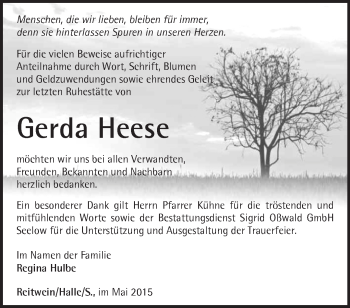 Traueranzeige von Gerda Heese von Märkische Oderzeitung