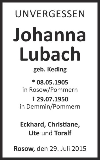 Traueranzeige von Johanna Lubach von Märkische Oderzeitung