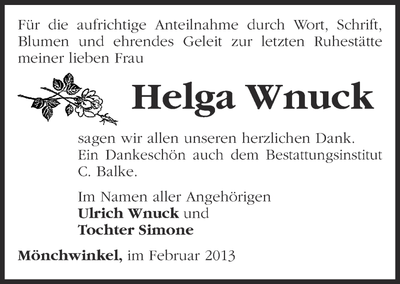 Traueranzeige für Helga Wnuck vom 22.02.2013 aus Märkische Oderzeitung