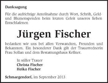 Traueranzeige von Jürgen Fischer von Märkische Oderzeitung