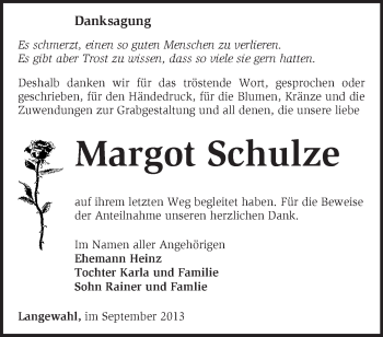 Traueranzeige von Margot Schulze von Märkische Oderzeitung