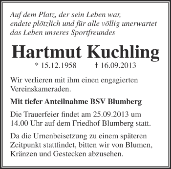 Traueranzeige von Hartmut Kuchling von Märkische Oderzeitung