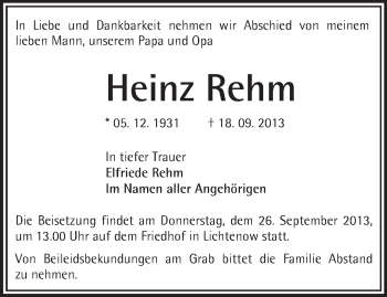 Traueranzeige von Heinz Rehm von Märkische Oderzeitung