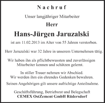 Traueranzeige von Hans-Jürgen Jaruzalski von Märkische Oderzeitung