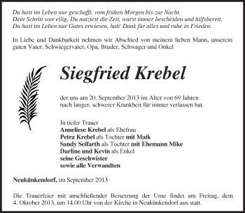 Traueranzeige von Siegfried Krebel von Märkische Oderzeitung