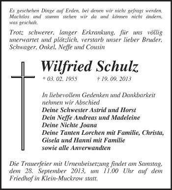 Traueranzeige von Wilfried Schulz von Märkische Oderzeitung