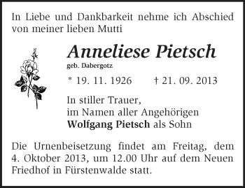 Traueranzeige von Anneliese Pietsch von Märkische Oderzeitung