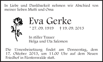 Traueranzeige von Eva Gerke von Märkische Oderzeitung