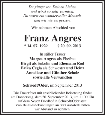 Traueranzeige von Franz Angres von Märkische Oderzeitung