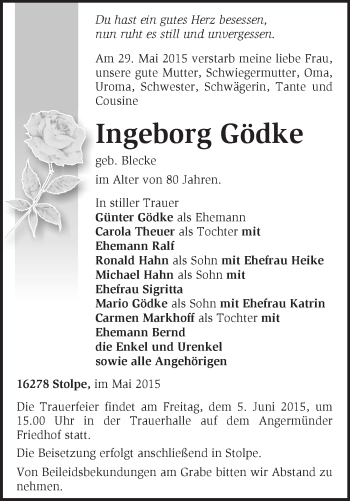 Traueranzeige von Ingeborg Gödke von Märkische Oderzeitung