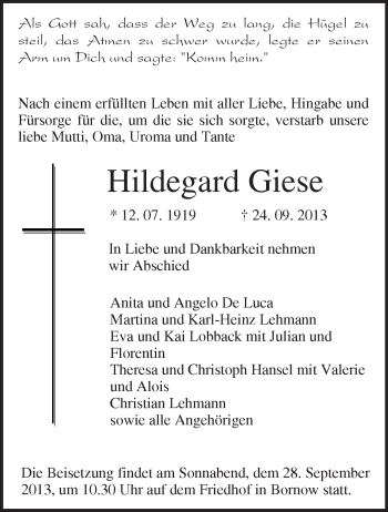 Traueranzeige von Hildegard Giese von Märkische Oderzeitung