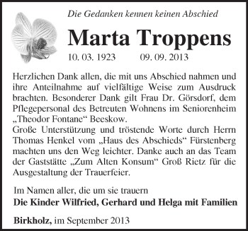 Traueranzeige von Marta Troppens von Märkische Oderzeitung