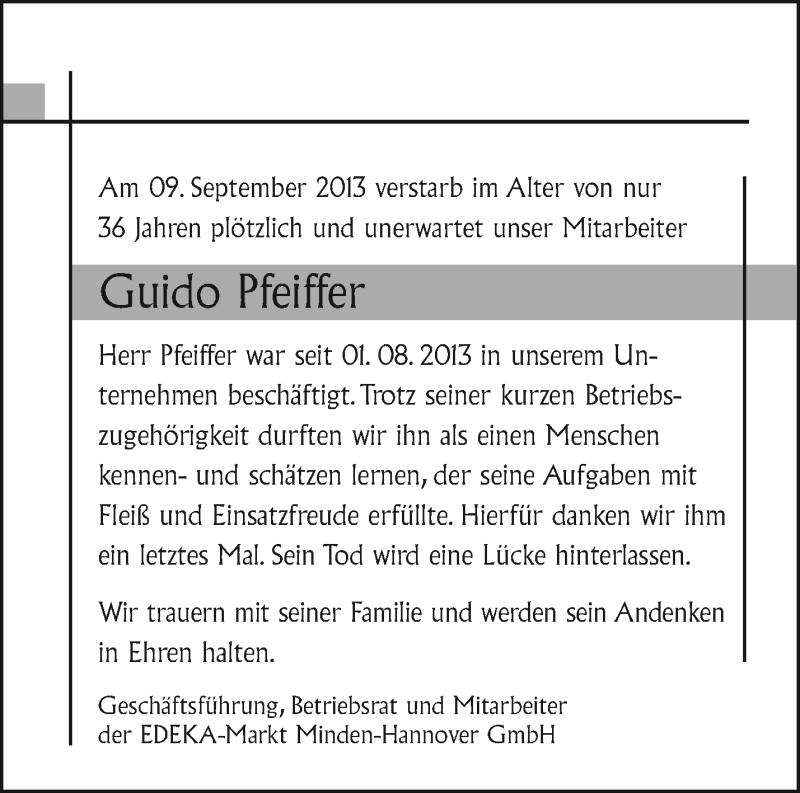  Traueranzeige für Guido Pfeiffer vom 28.09.2013 aus Märkische Oderzeitung