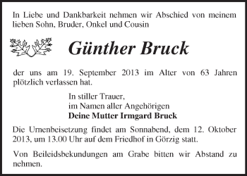 Traueranzeige von Günther Bruck von Märkische Oderzeitung