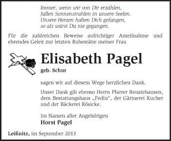 Traueranzeige von Elisabeth Pagel von Märkische Oderzeitung