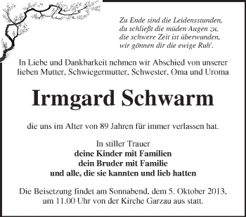 Traueranzeige von Irmgard Schwarm von Märkische Oderzeitung