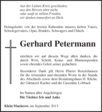 Traueranzeige von Gerhard Petermann von Märkische Oderzeitung