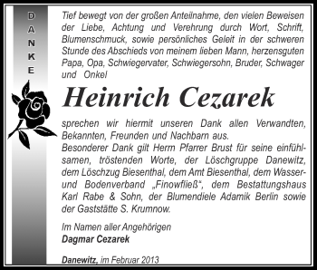 Traueranzeige von Heinrich Cezarek von Märkische Oderzeitung