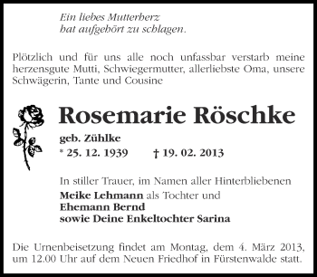 Traueranzeige von Rosemarie Röschke von Märkische Oderzeitung