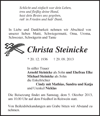 Traueranzeige von Christa Steinicke von Märkische Oderzeitung