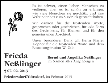 Traueranzeige von Frieda Neßlinger von Märkische Oderzeitung