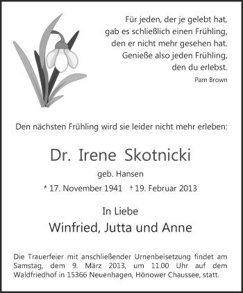 Traueranzeige von Irene Skotnicki von Märkische Oderzeitung