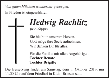 Traueranzeige von Hedwig Rachlitz von Märkische Oderzeitung