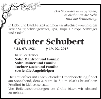 Traueranzeige von Günter Schubert von Märkische Oderzeitung