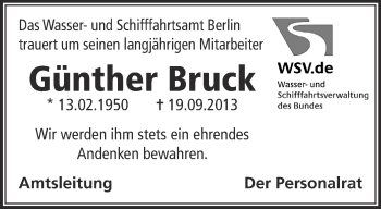 Traueranzeige von Günther Bruck von Märkische Oderzeitung