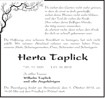 Traueranzeige von Herta Taplick von Märkische Oderzeitung