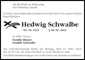 Traueranzeige von Hedwig Schwalbe von Märkische Oderzeitung