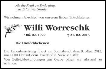 Traueranzeige von Willi Worreschk von Märkische Oderzeitung