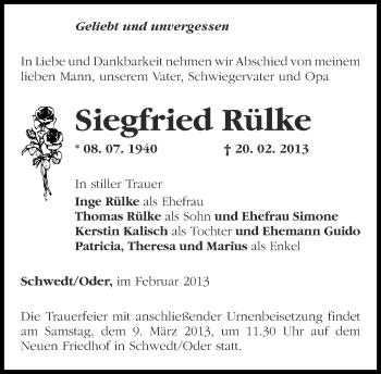 Traueranzeige von Siegfried Rülke von Märkische Oderzeitung