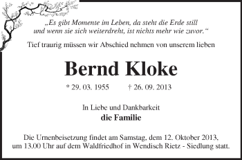 Traueranzeige von Bernd Kloke von Märkische Oderzeitung