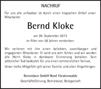 Traueranzeige von Bernd Kloke von Märkische Oderzeitung