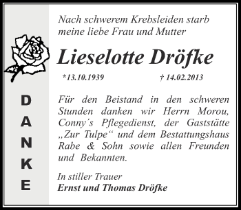 Traueranzeige von Lieselotte Dröfke von Märkische Oderzeitung