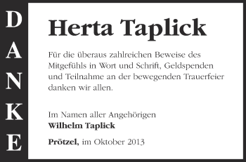 Traueranzeige von Herta Taplick von Märkische Oderzeitung