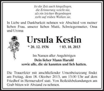 Traueranzeige von Ursula Kestin von Märkische Oderzeitung