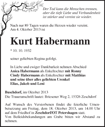 Traueranzeige von Kurt Habermann von Märkische Oderzeitung