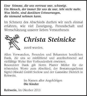 Traueranzeige von Christa Steinicke von Märkische Oderzeitung