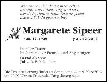 Traueranzeige von Margarete Sipeer von Märkische Oderzeitung