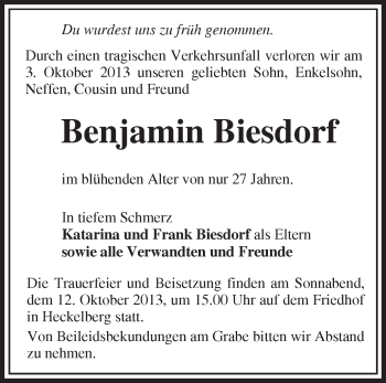 Traueranzeige von Benjamin Biesdorf von Märkische Oderzeitung