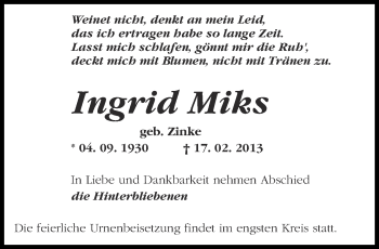 Traueranzeige von Ingrid Miks von Märkische Oderzeitung