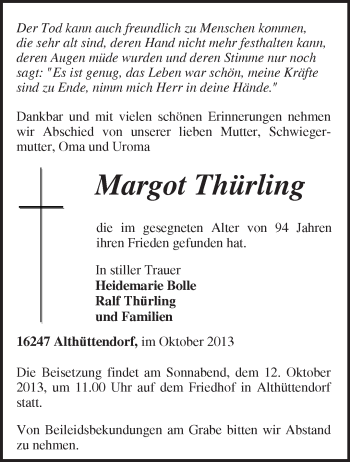 Traueranzeige von Margot Thürling von Märkische Oderzeitung