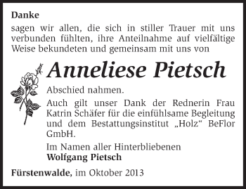 Traueranzeige von Anneliese Pietsch von Märkische Oderzeitung