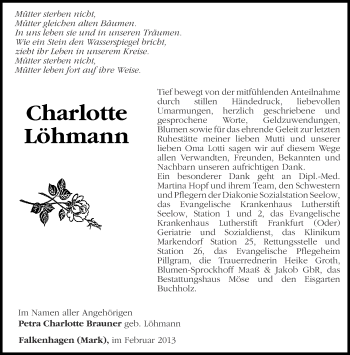 Traueranzeige von Charlotte Löhmann von Märkische Oderzeitung