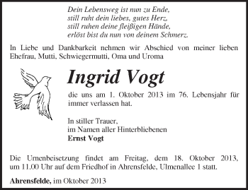 Traueranzeige von Ingrid Vogt von Märkische Oderzeitung